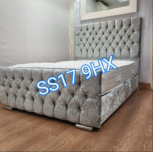 Grey crushed velvet Brianna bed and cool gel mattress set