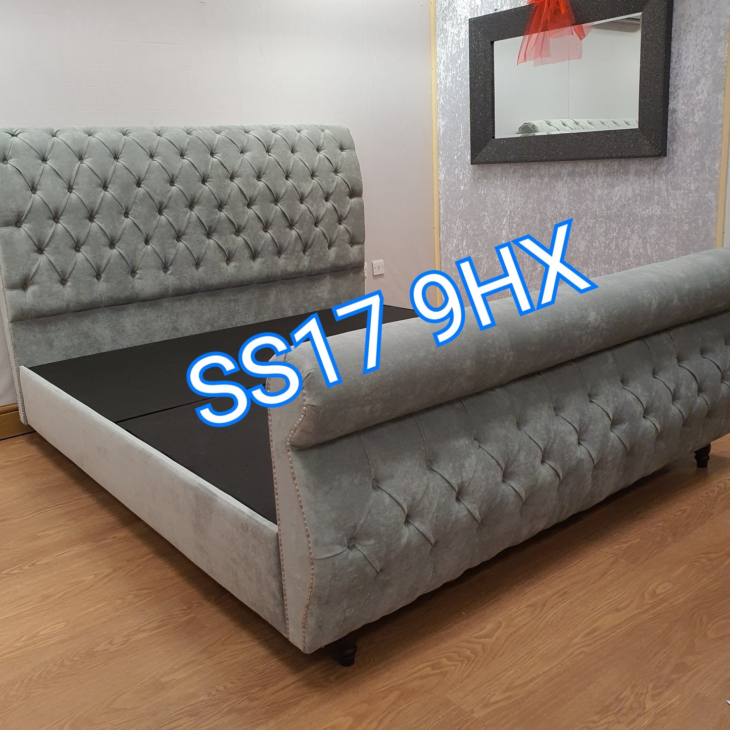 Naples grey plain velvet swan sleigh bed