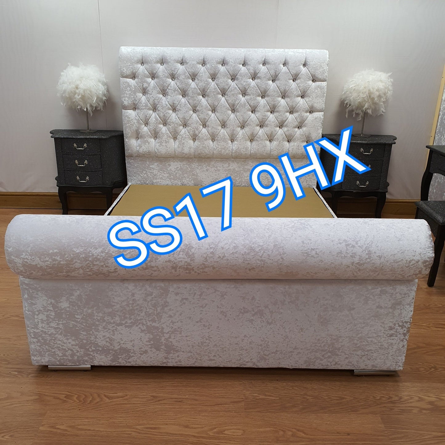 Super King Size Beds - White crushed velvet sleigh bed