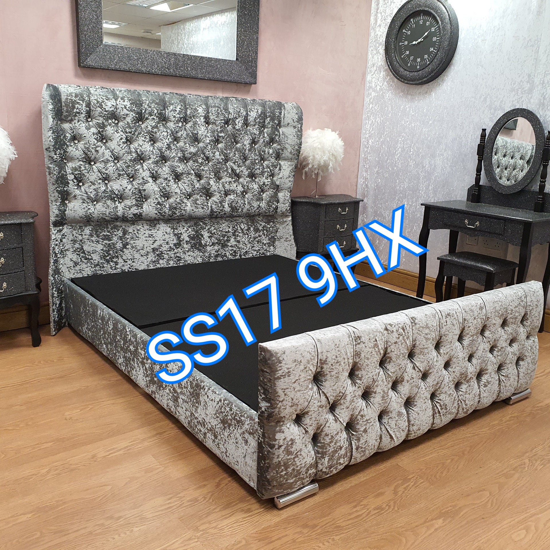 Grey crushed velvet sardar butterfly wingback bed
