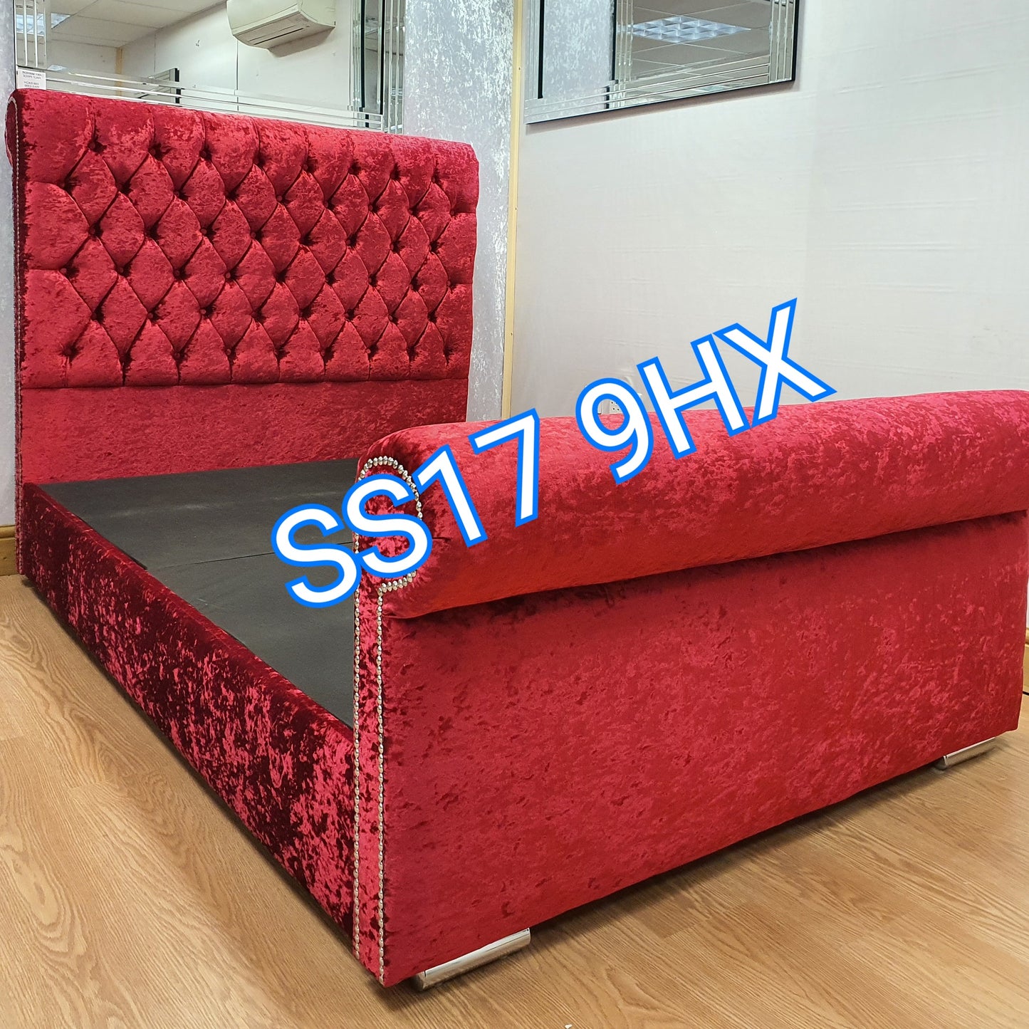 Red crushed velvet chesterfield sleigh bed