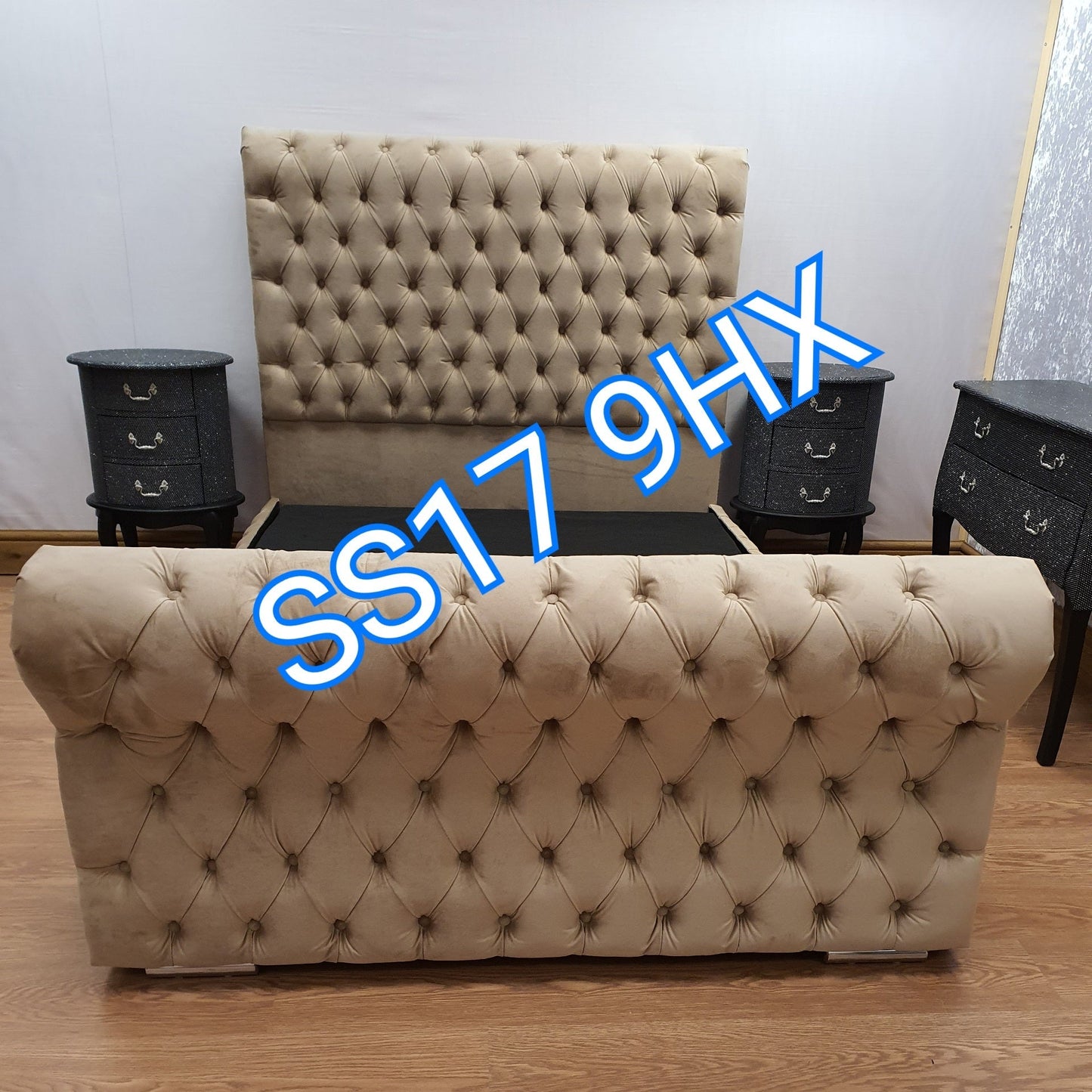 King Size Beds - Mink plush velvet chesterfield sleigh bed