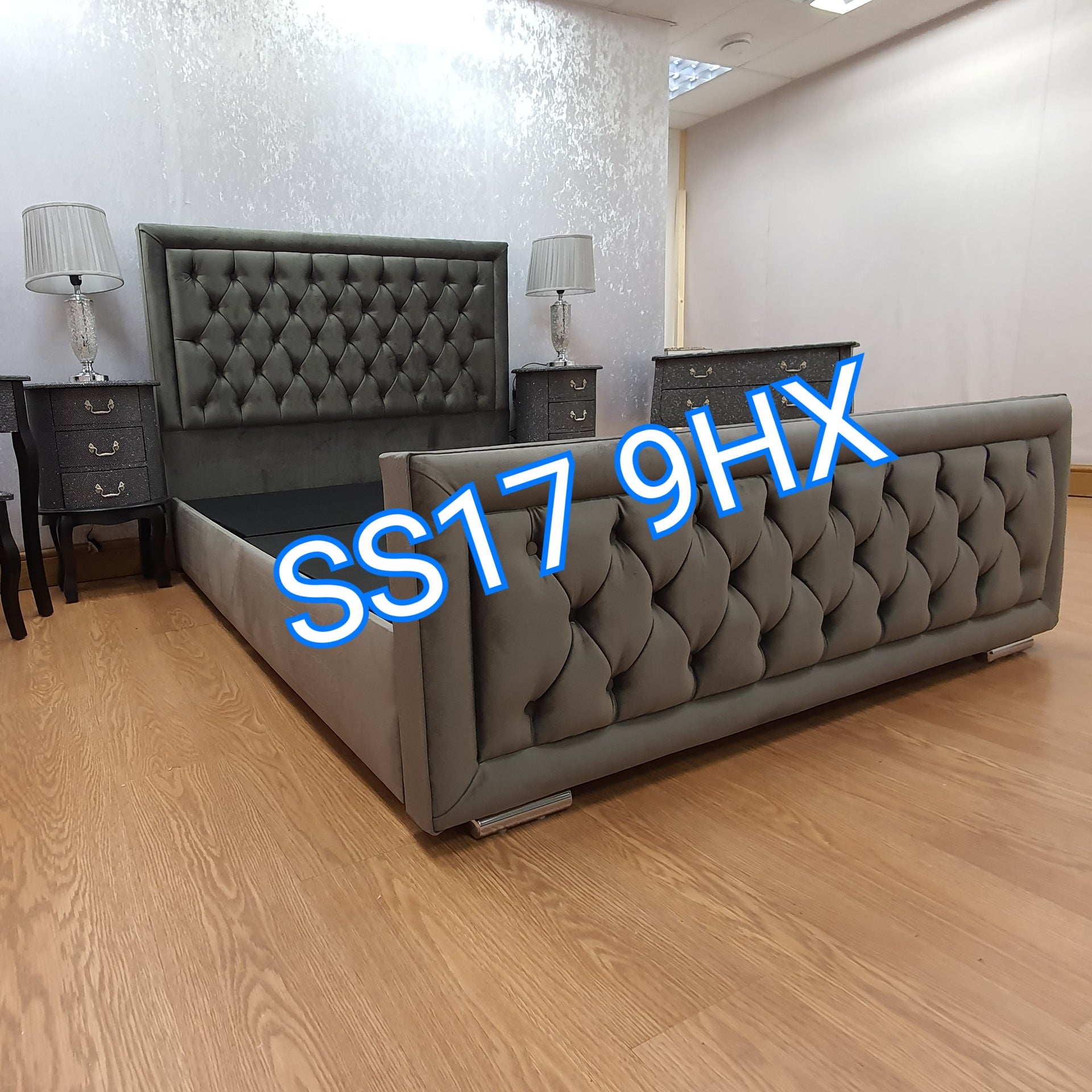 Dark grey plush velvet luxury frame bed - Hampton Essex Beds