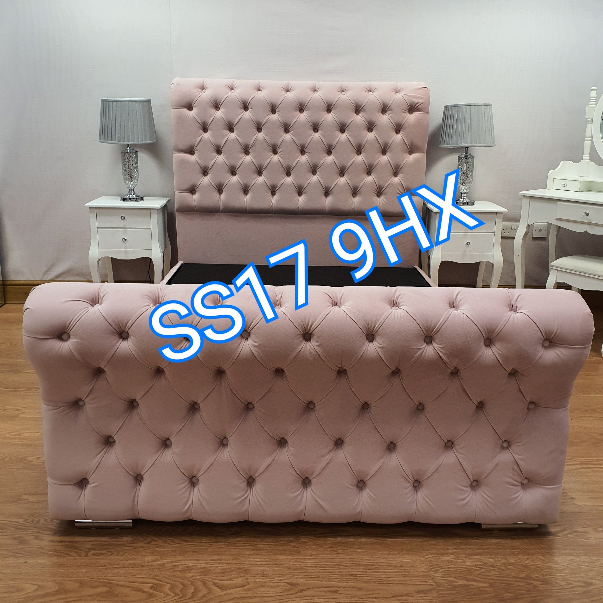 Blush baby pink soft plush velvet chesterfield sleigh bed