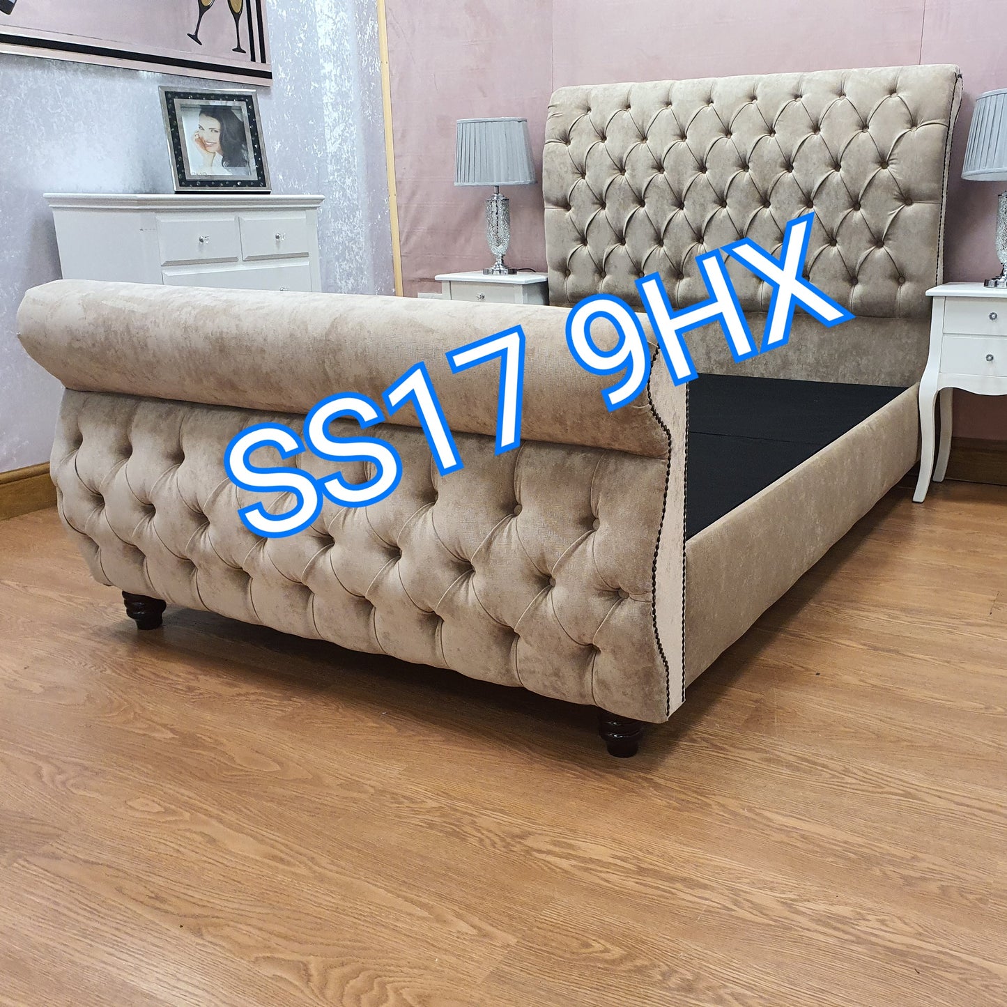 Swan sleigh bed caramel plain velvet
