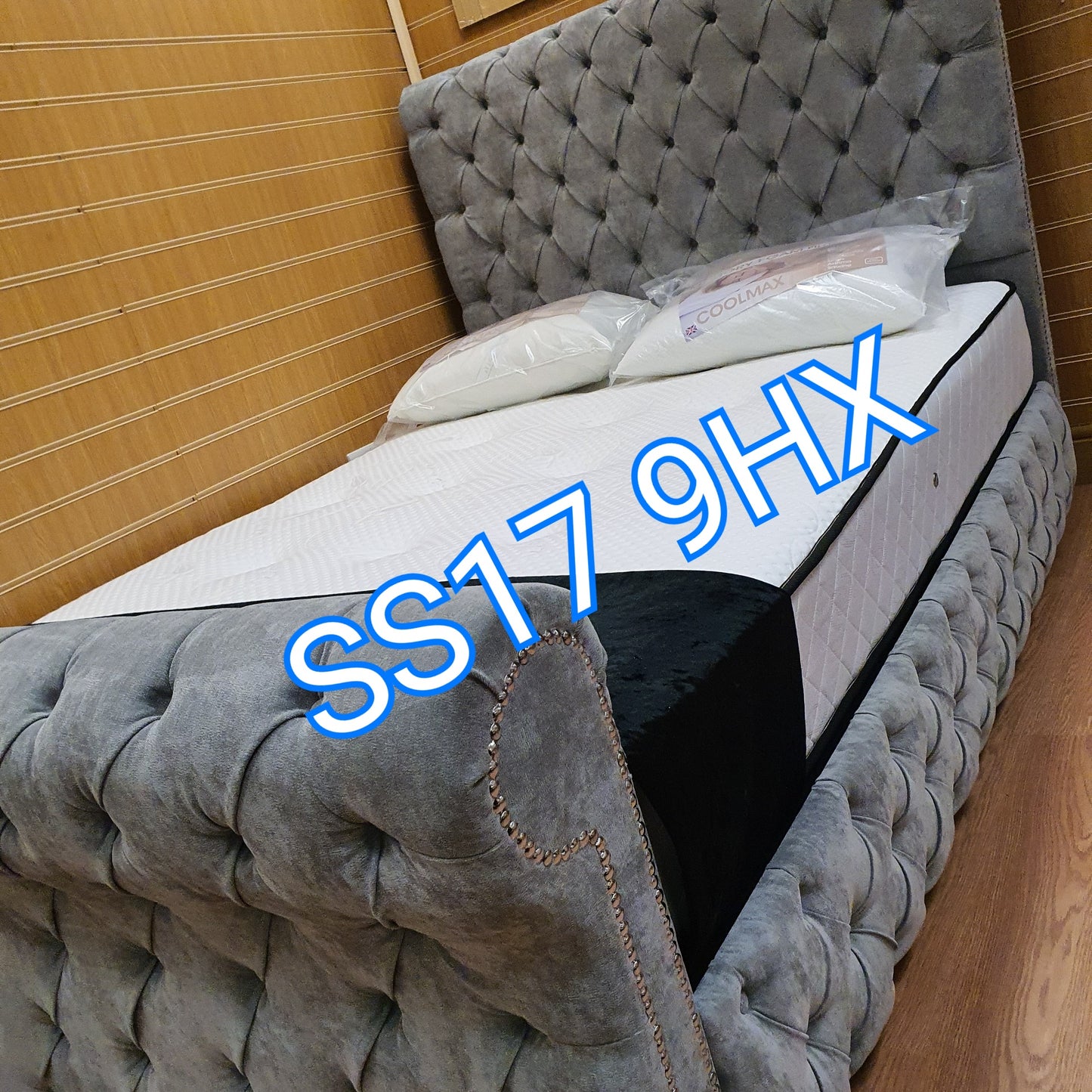 Naples Grey plain velvet chesterfield sleigh bed