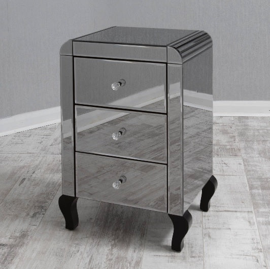 Smoked Curved bedside mirror cabinets - Direct Beds 2 U