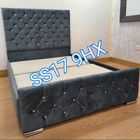 Brianna blue velvet diamonte fabric frame bed