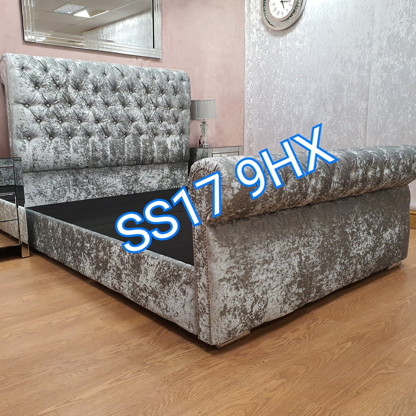 King Size Beds - California Sleigh Chesterfield Velvet Bed