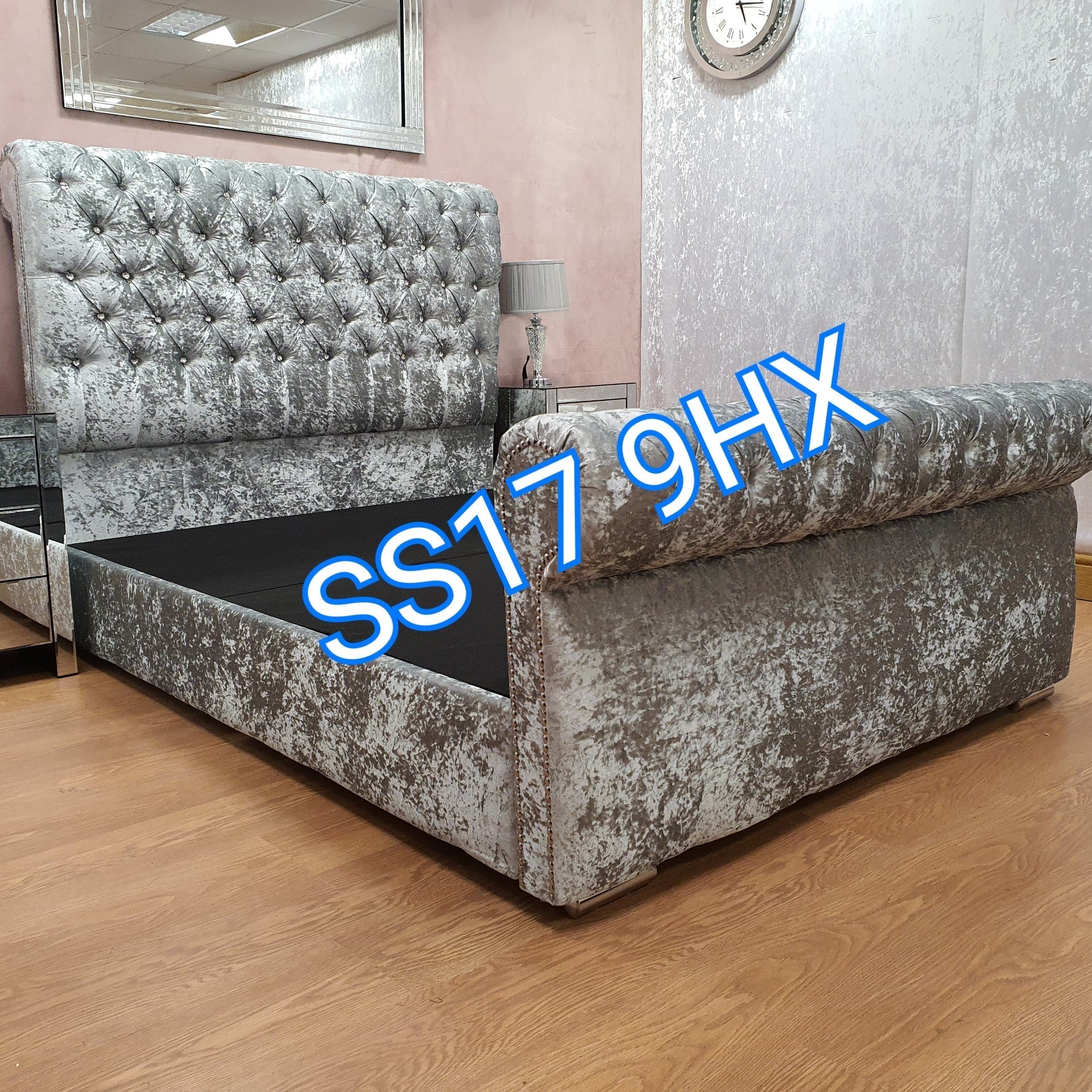 King Size Beds - California Sleigh Chesterfield Velvet Bed