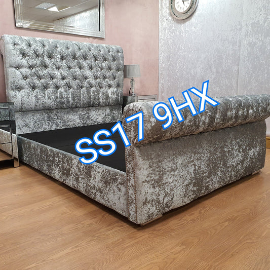 King Size Beds - California Sleigh Chesterfield Velvet Bed
