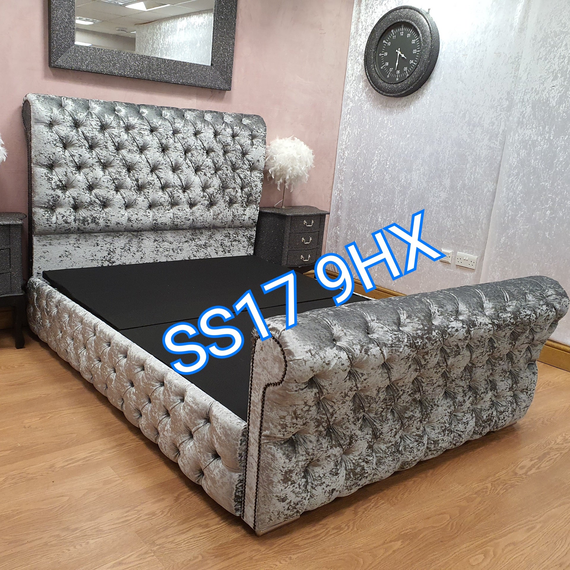 Grey crushed velvet chesterfield sleigh bed