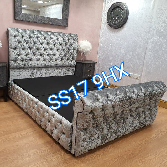 Super King Size Beds - Grey crushed velvet chesterfield sleigh bed