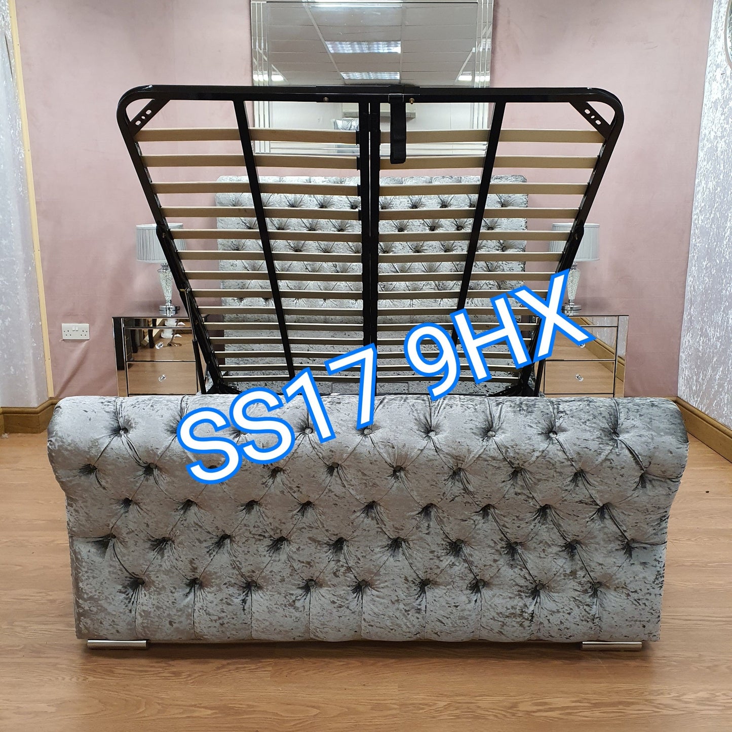 Optional gas lift up storage Grey crushed velvet chesterfield sleigh bed