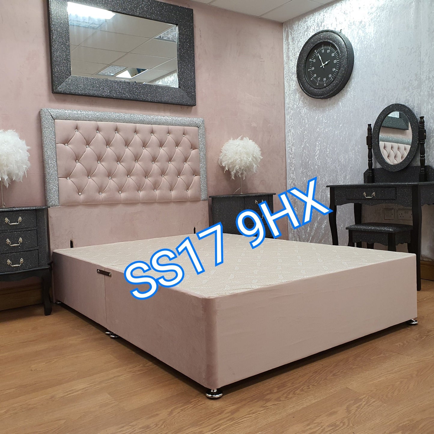 King Size Beds - Baby pink plush velvet bed