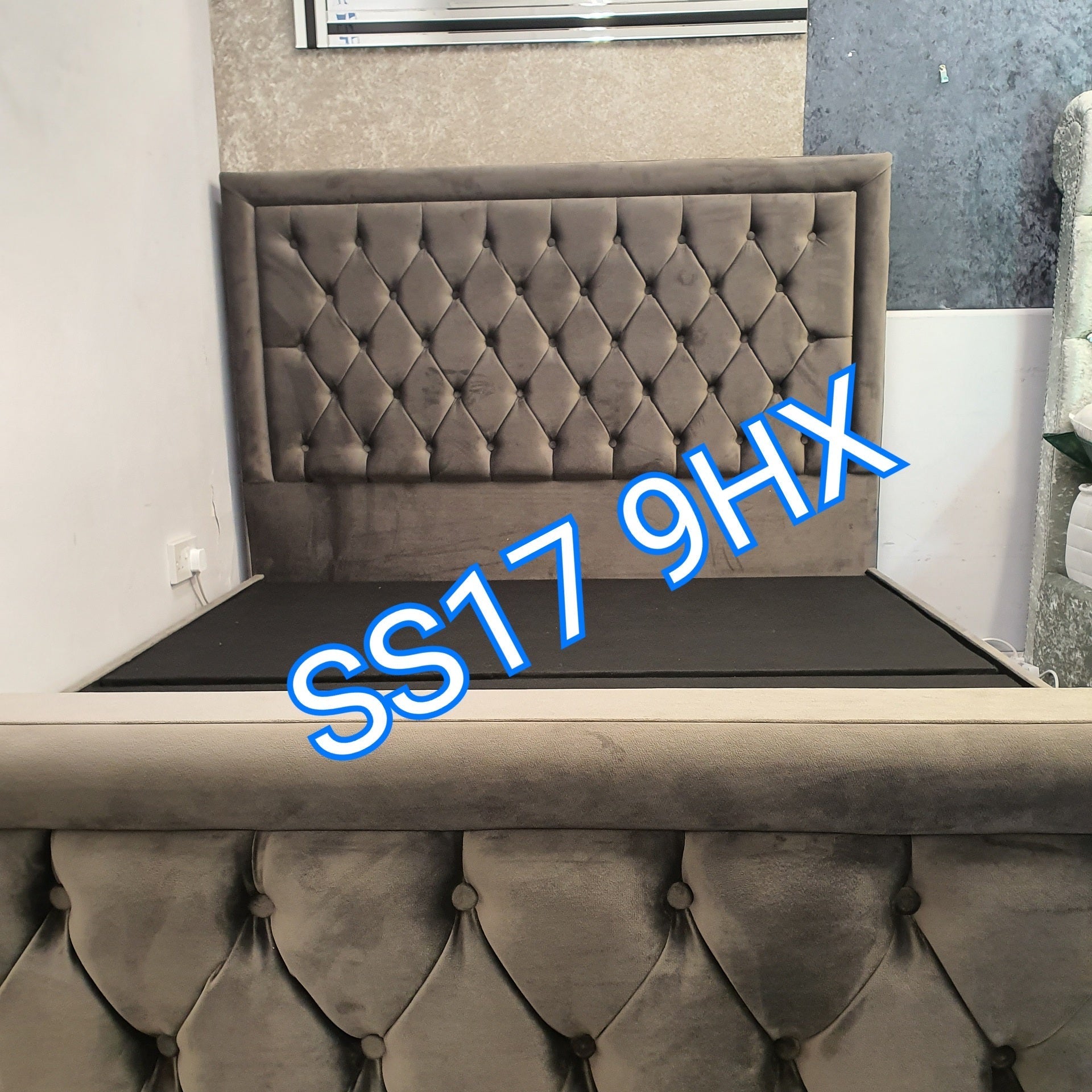 Dark grey plush velvet Hampton frame bed