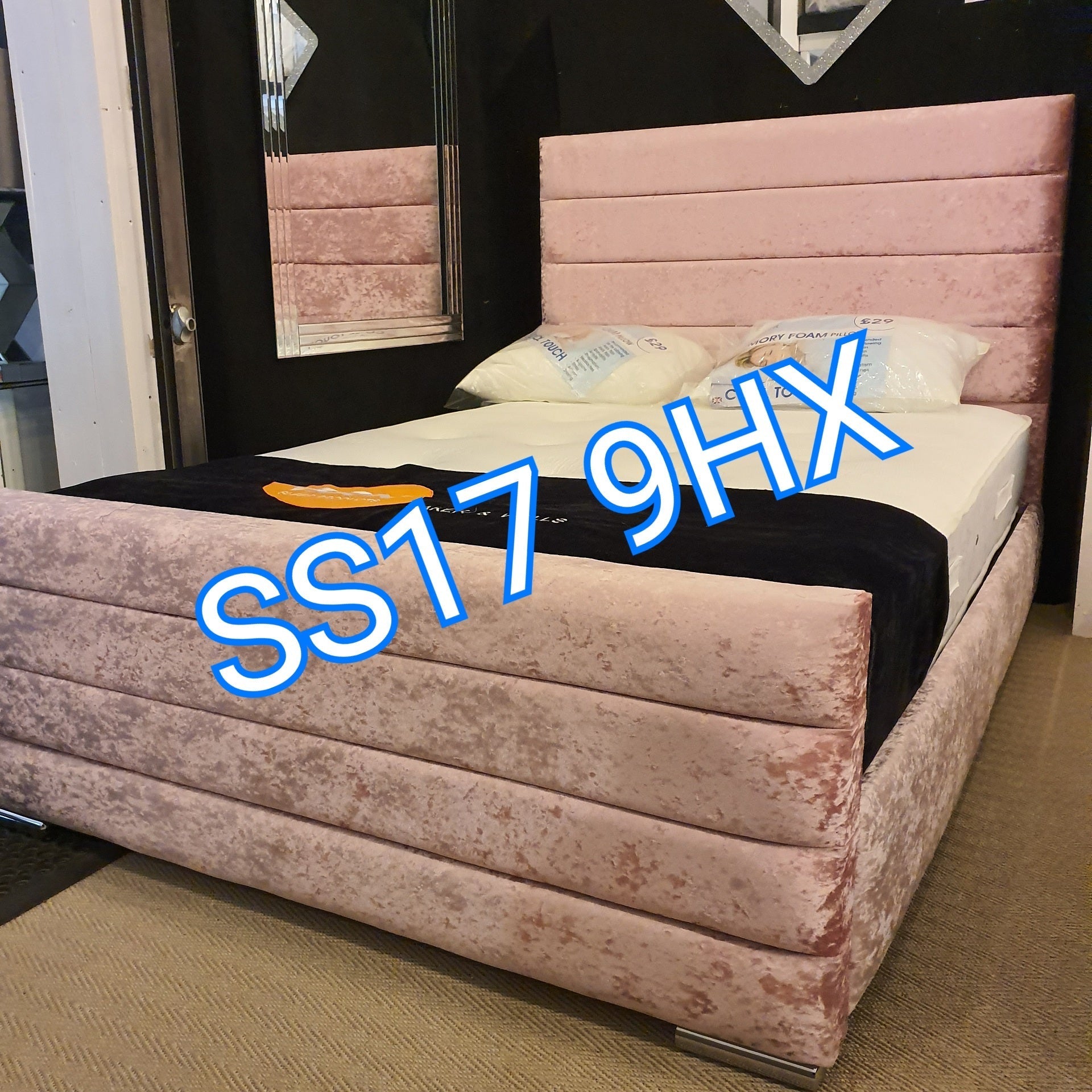 Baby pink crushed velvet bed