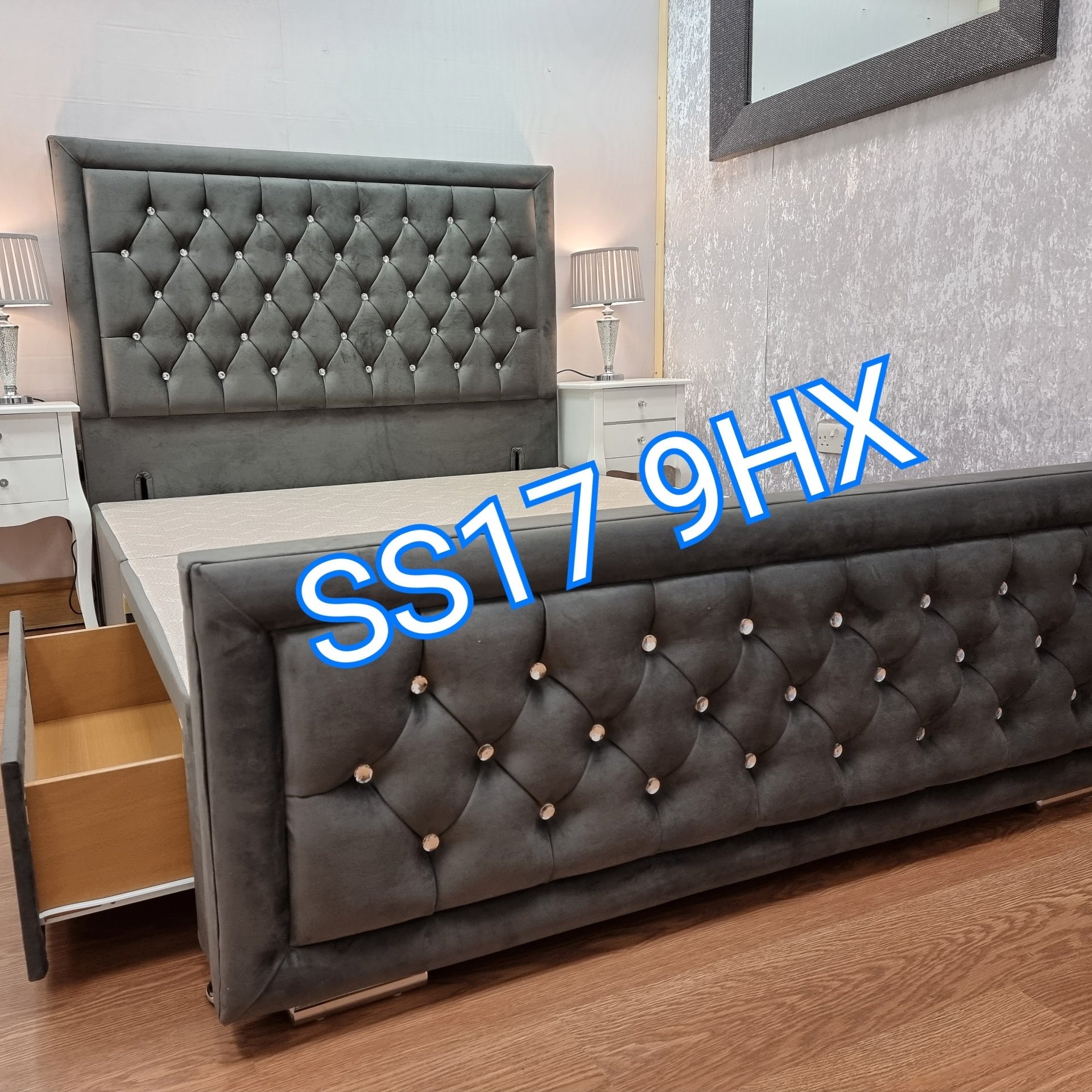 King size beds - Drawer divan hampton plush crushed velvet bed
